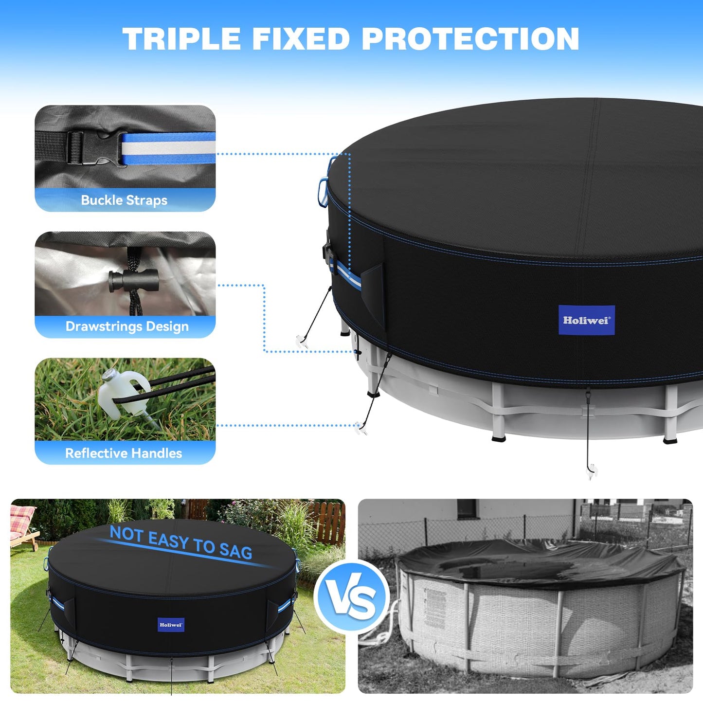 Holiwei 24 Ft Round Pool Cover with Reflective Strips, 420D Swimming Pool Cover for Above Ground Pools, Solar Cover with Drawstring and Ground Nails for Dustproof, UV Protected