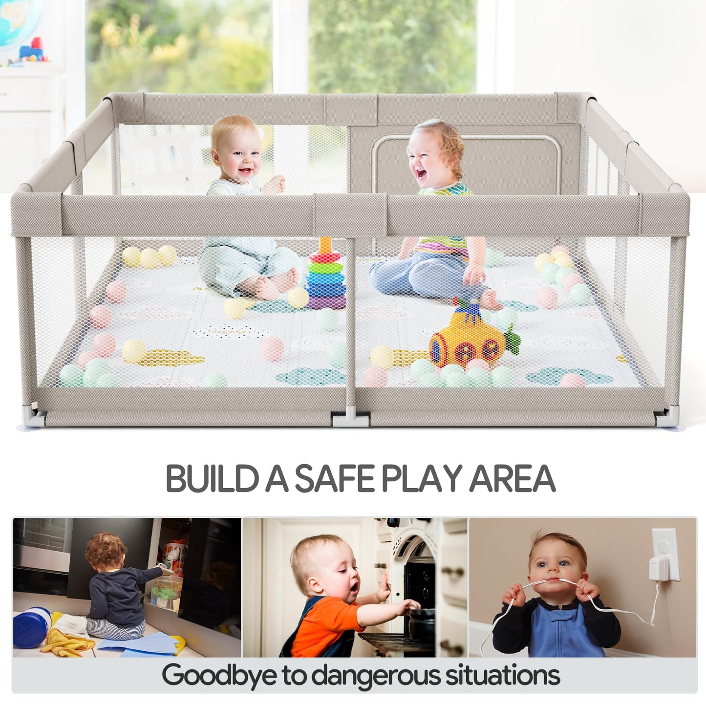 Fodoss Baby Playpen with Mat, 59x59in Playpen for Babies and Toddlers, Kids Play Pen, Extra Large Baby Fence for Infants with Playmates, Toddler Playard