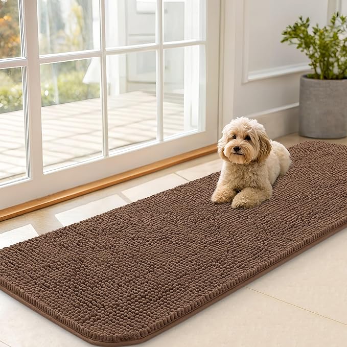 OLANLY Dog Door Mat for Muddy Paws 59x20, Absorbs Moisture and Dirt, Absorbent Non-Slip Washable Doormat, Quick Dry Chenille Mud Mat for Dogs, Entry Indoor Entryway Carpet for Inside Floor, Mocha