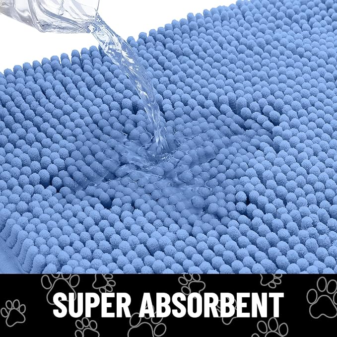 Smiry Dog Door Mat for Muddy Paws, Absorbent Dirt Trapper Non Slip Quick Dry Washable Chenille Mat for Mud Dogs, Entry Rug for Indoor and Outdoor (40x32 Inches, Cornflower Blue and White)