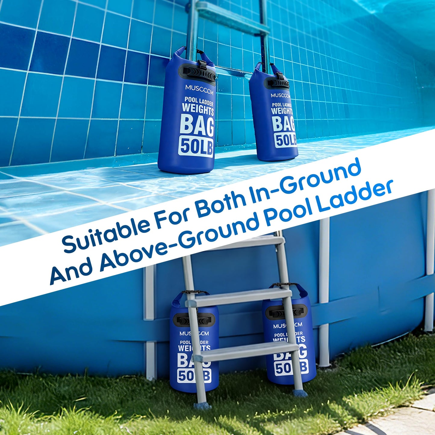 MUSCCCM 50LB Heavy Duty Pool Ladder Weights Bag, 500D PVC Universal Sand Bags Step Anchors Above Ground and Inground Pool Step Sand Bags with Handles, Pool Waterproof Foldable, Leak-Proof (2 Pack)
