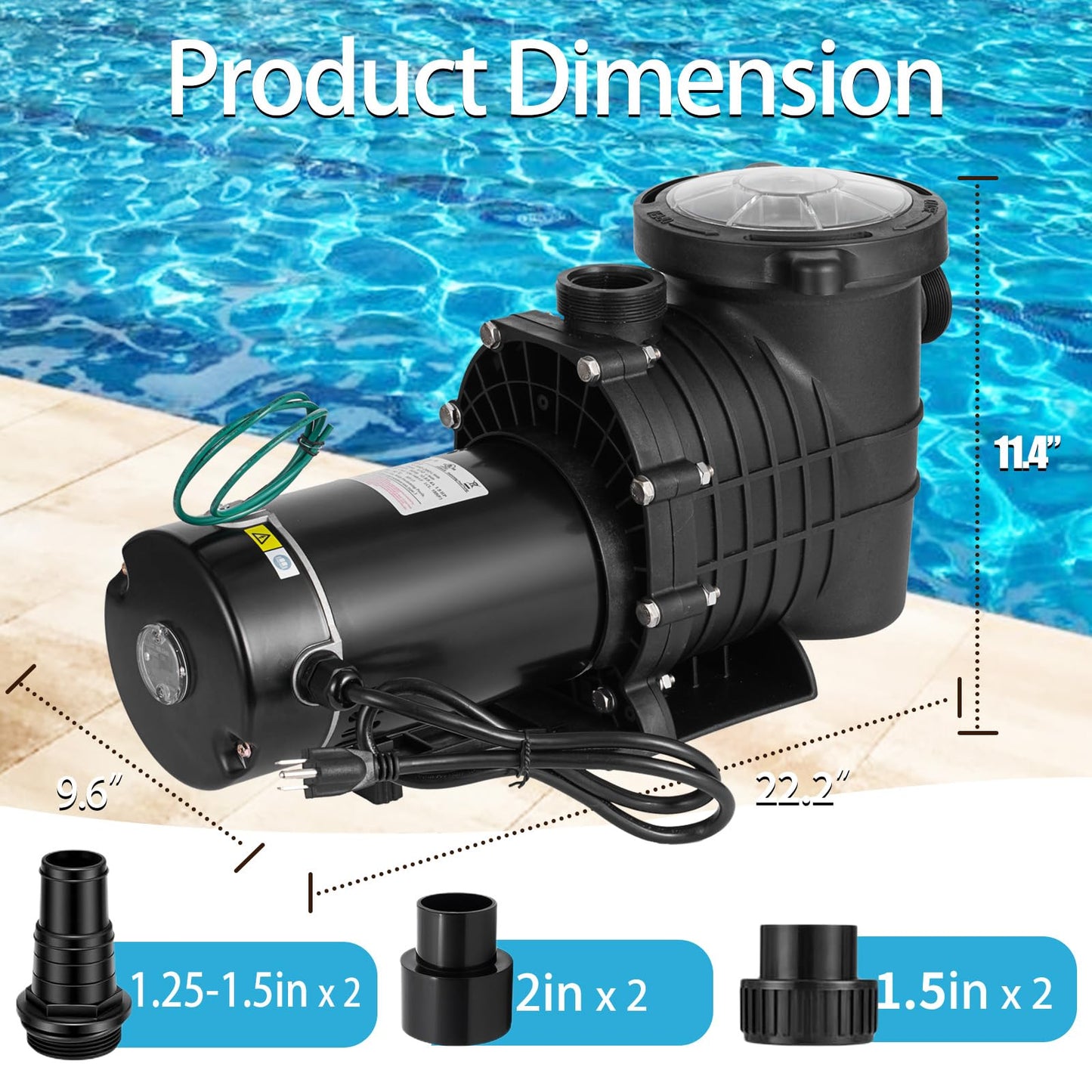 Leomru 1.5 HP Pool Pump 6500 GPH Self Priming in/Above Ground Swimming Pool Pump 110V/220V Dual Voltage Single Speed Pumps with Strainer Basket 6Pcs Connectors
