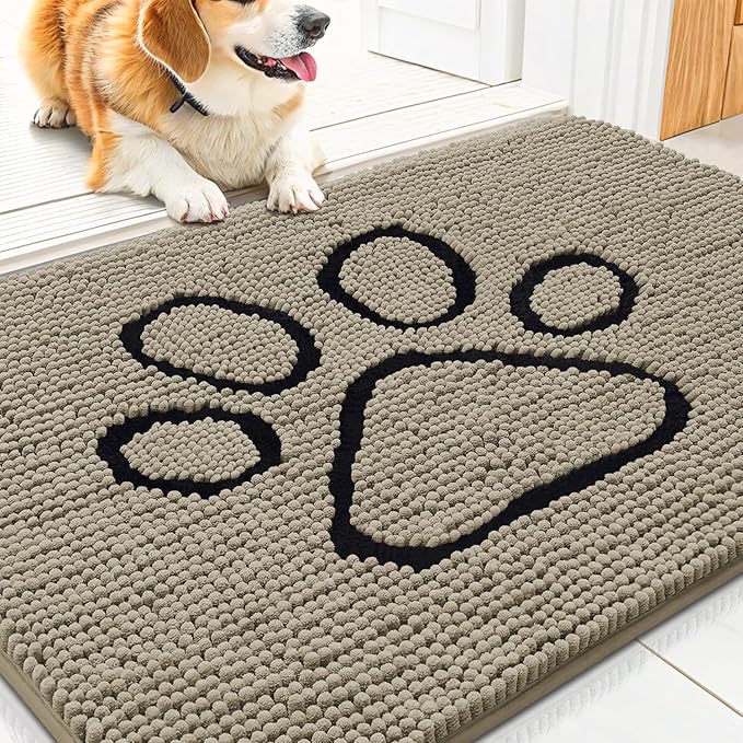 Smiry Dog Door Mat for Muddy Paws, Absorbent Dirt Trapper Non Slip Quick Dry Washable Chenille Mat for Mud Dogs, Entry Rug for Indoor and Outdoor (30x20 Inches, Warm Taupe and Black)