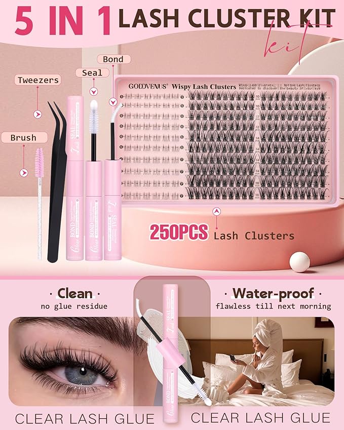 Goddvenus 250Pcs Natural Lash Clusters Kit Cluster Eyelash Extensions Kit Wispy DIY C Curl Individual Lashes Clusters With Bottom Eyelashes