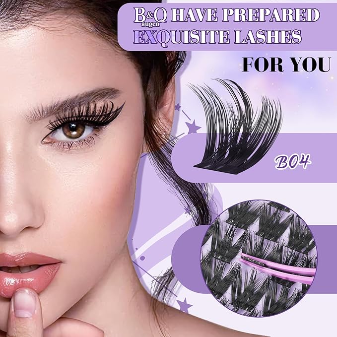 B&Q Wispy Lash Clusters Kit B04, DIY Lash Extension Kit 156PCS Eyelash Extension Kit, Soft Natural Lash Clusters 8-18MIX D Curl Lash cluster, Thin Black Band Cluster Eyelash Extensions (B04 Set)