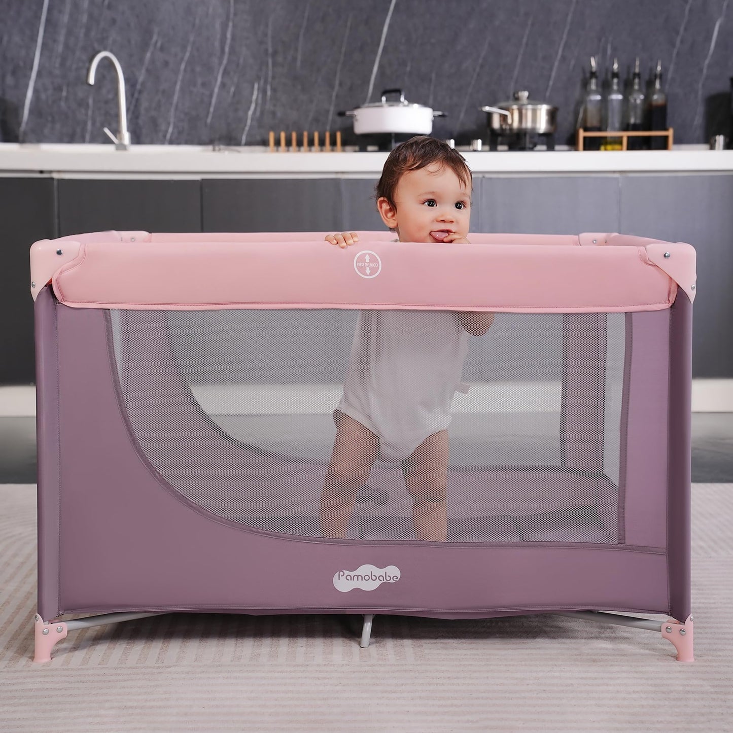 Pamo Babe Compact Pack and Play - Portable Crib for Baby, Lightweight Foldable Travel Playard with Mattress Pad & Carry Bag, Safe Breathable Travel Bed for Home, Trips & Family Visits, Pink