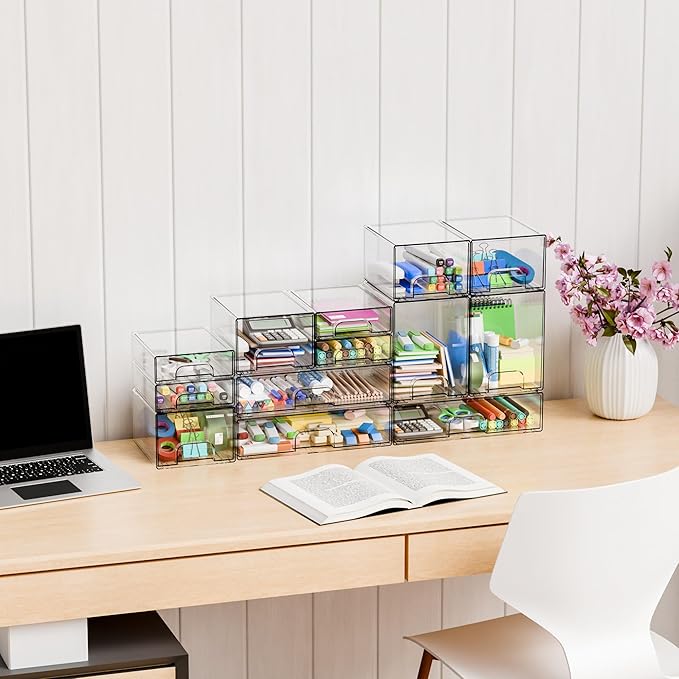 Yieach 8 Pack Small Clear Stackable Storage Drawers,2.2'' Tall Desk Organization and Storage,Plastic Office Supply Organizer,Acrylic Storage Containers for Makeup,Hair Clip,Accessory,Pen,Art Crafts