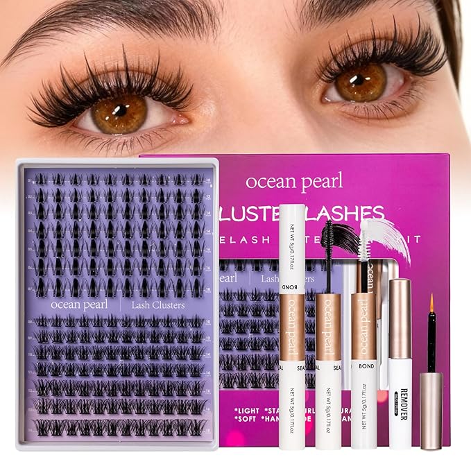Ocean Pearl Lash Clusters Kit 154pcs 10-18mm manga/anime-inspired lashes clusters,spike-effect cluster lashes,Eyelashes,DIY Cluster Eyelash Extensions kit with lash bond+seal+remover+tweezers-M32+M35
