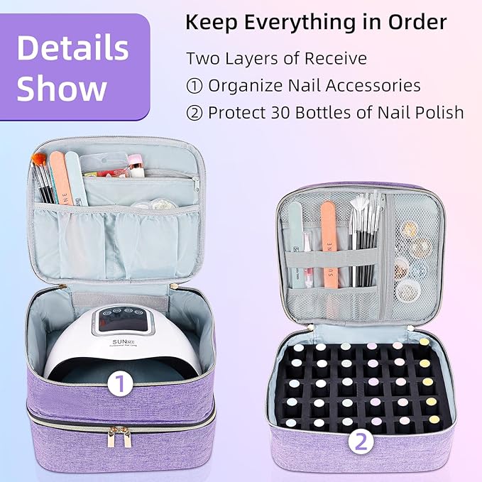 Nail Polish Organizer Holds 30 Bottles (15ml - 0.5 fl.oz) Double-layer Gel Nail Polish Kit Case, Nail Holder for Nail Lamp, Portable Nail Organizer and Storage for Nail Supplies (Purple)