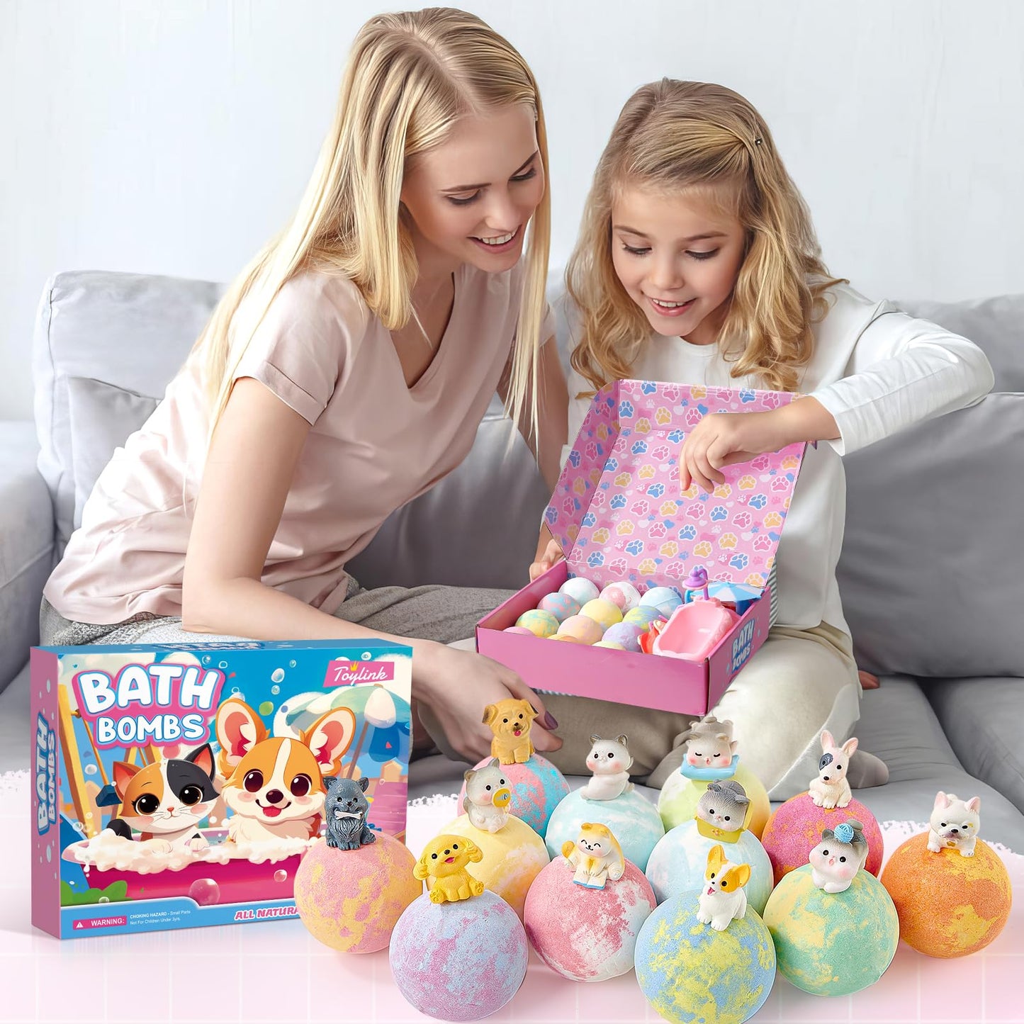 Toylink Bath Bombs for Kids with Surprise Inside for Girls Boys, 12 Pack Kids Bath Bombs with Dog & Cat Toys Pretend Playset Handmade Bubble Bath Fizzies Birthday Christmas Gift Set