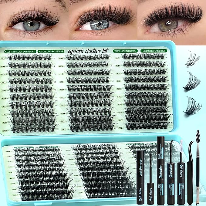 Wispy Lash Clusters Kit, D Curl Lashes Clusters Natural Look 9-16mm Individual Super Thin Band DIY Cluster Eyelash Extensions Kit with Bond Seal Tweezers Brush Remover (30DÃ¢ÂÂ100D Mix)
