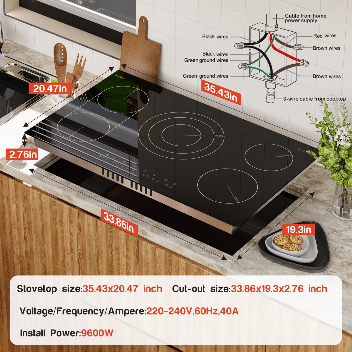 Karinear 36 Inch Electric Cooktop, Flexible Bridge &Triple Ring Expandable Burners, Pause, Timer, Child Safety Lock, 9600W Built-in Ceramic Cooktop