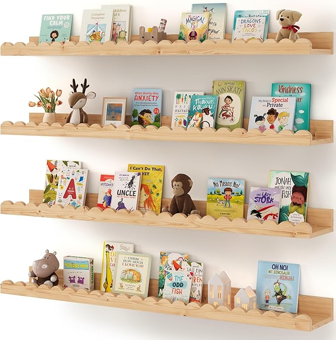 Shario Nursery Book Shelves, 4-Pack Wood Floating Shelves for Wall Kids, Scalloped Shelves, Wall Book Shelves for Bedroom Kids, Toddler Room, Baby Room, Nursery Decor(Wood, 36 Inches)