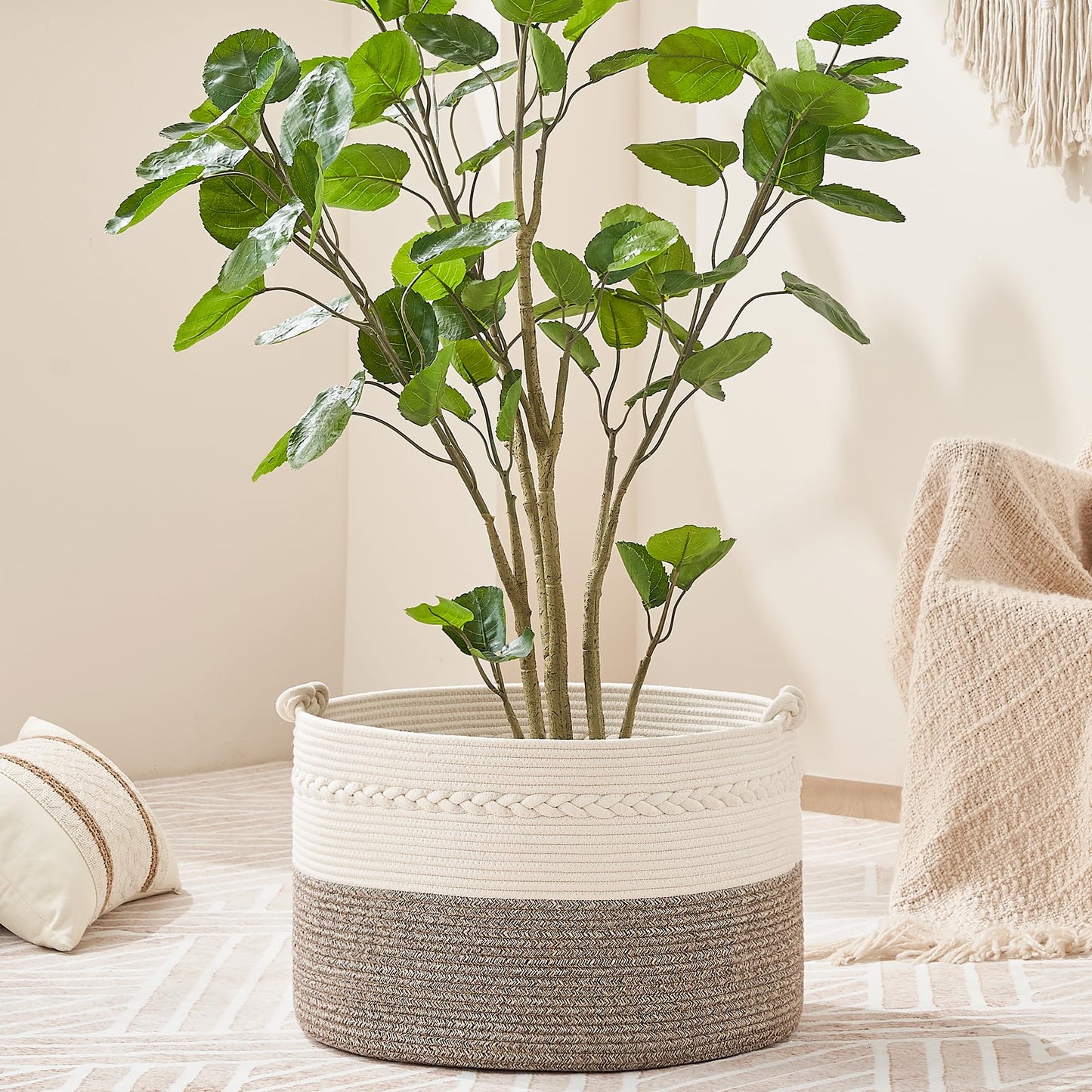 KAKAMAY Large Blanket Basket (20"x13"),Woven Baskets for storage Baby Laundry Hamper, Cotton Rope Blanket Basket for Living Room, Laundry, Nursery, Pillows, Baby Toy chest (White/Beige)