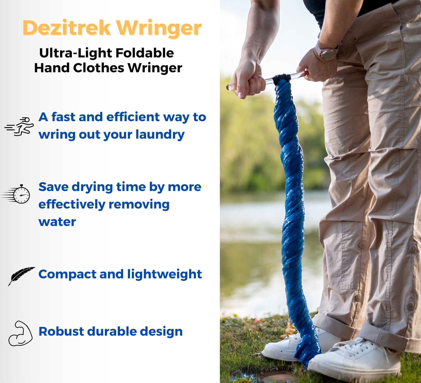 Dezitrek Ultra-Light Clothes Wringer – Manual Water Remover for Hand Washed Clothes, Speeds Up Air Drying for Camping, Caravan & Off-Grid Travel