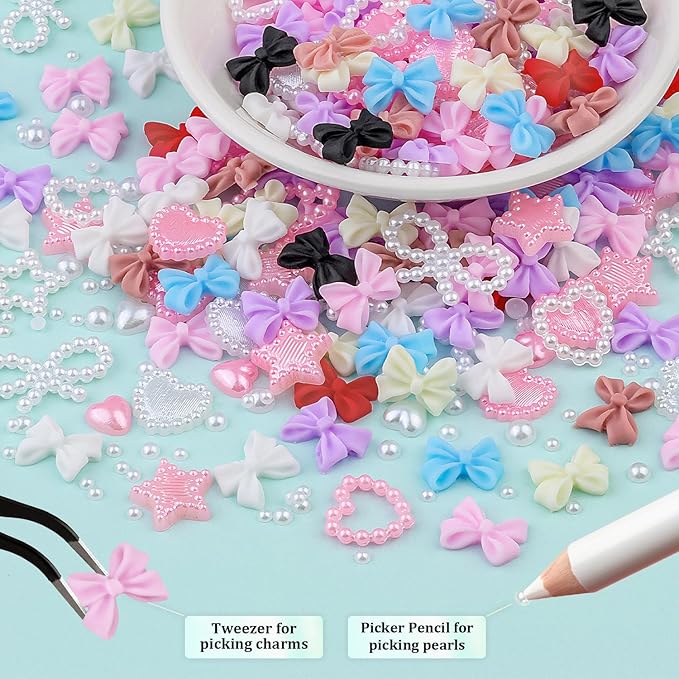 600 Pcs 3D Nail Charms and Flatback Pearls #4, 8 Colors Bow + Pink&White Star Heart Moon Cute Charms + 2-6mm White Pearls for Nail Art Design with Nail Charm Glue(UV Needed) and Pickup Tools