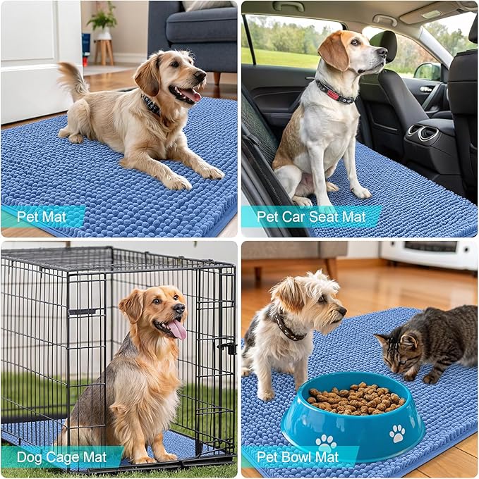 OLANLY Dog Door Mat for Muddy Paws 32x20, Absorbs Moisture and Dirt, Absorbent Non-Slip Washable Doormat, Quick Dry Chenille Mud Mat, Entry Indoor Entryway Carpet for Inside Floor, Cornflower Blue