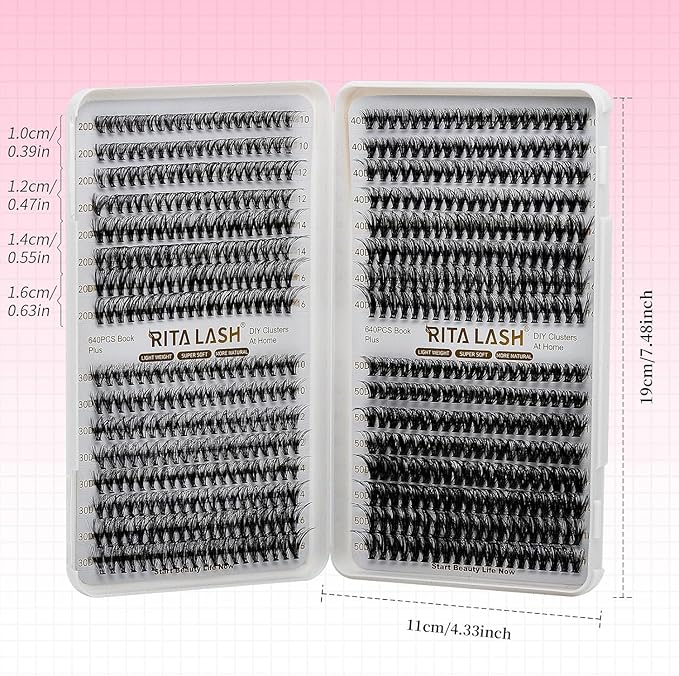 RITALASH Lash Clusters 640PCS 4 Style DIY Cluster Lashes Clusters Eyelash Extensions False Eyelashes Individual Lashes Wispy Lash Extension Natural Look(20D+30D+40D+50D Cluster Lashes,10-16mm)