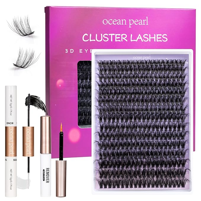 Ocean Pearl Lash Clusters 10-20mm 200D 300PCS Lashes DIY Lash Clusters Kit Individual Lashes Cluster Eyelash Extensions Natural Eyelashes DIY Eyelash Extension Kit with Bond+Seal+Remover+Tweezer-200D