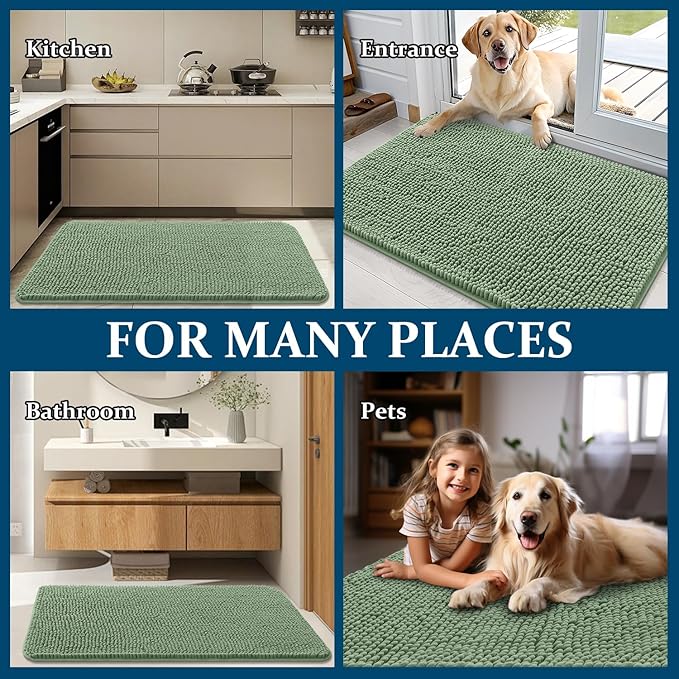 OLANLY Dog Door Mat for Muddy Paws 35x24, Absorbs Moisture and Dirt, Absorbent Non-Slip Washable Doormat, Quick Dry Chenille Mud Mat, Entry Indoor Entryway Carpet for Inside Floor, Olive Green