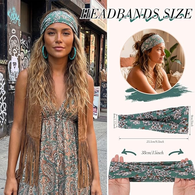 obeoby Boho Style Headbands for Women, 8 Pack Non Slip Headbands Fashion Hippie Clothes for Mom Grandmother Gift Wide Hairband Hair Wrap
