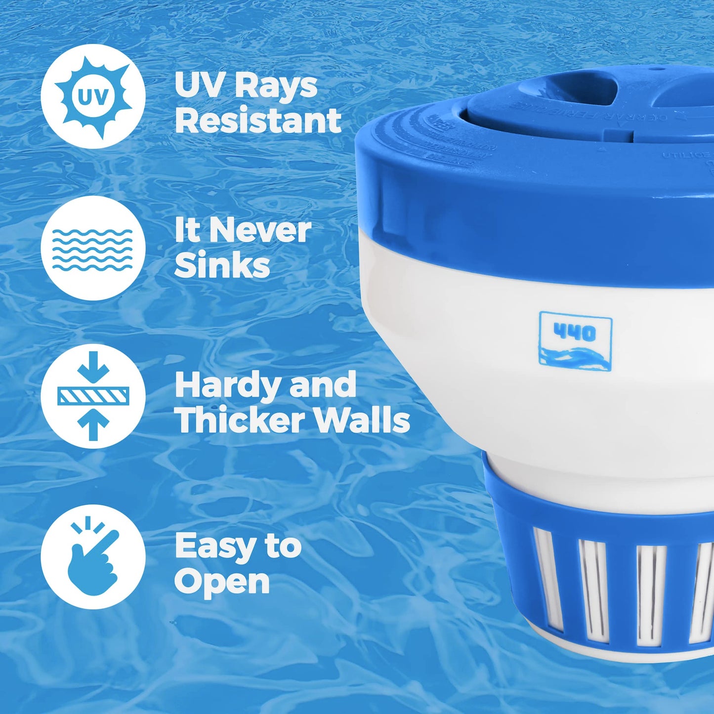 440 Pool Chlorine Floater Dispenser, Fits Up to 5 Pieces of 3-Inch Chlorine Tabs, Adjustable Flow, Control, Heavy-Duty Plastic - Suitable for Small & Large Pools - 9.6 Ounces