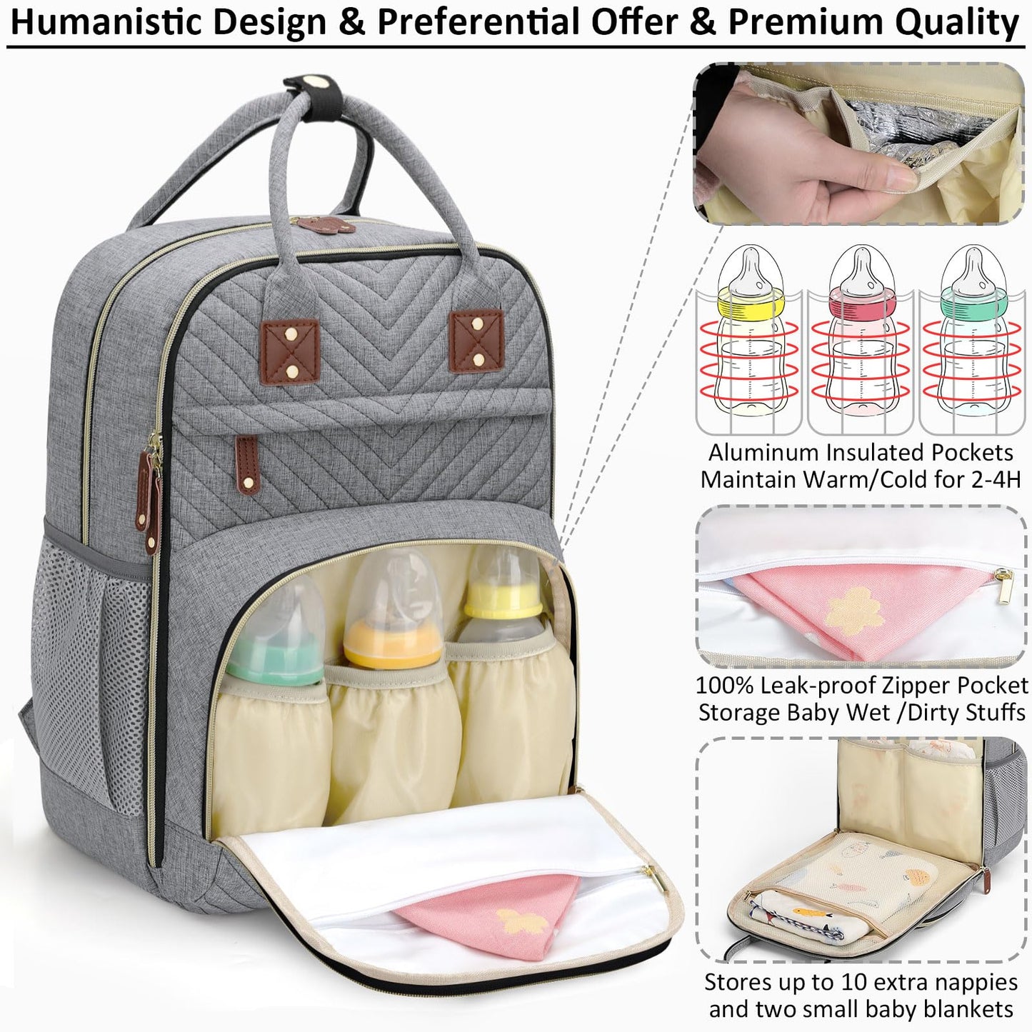 Tenot Diaper Bag Backpack for Women with Changing Pad, Baby Bag with Insulated Pockets Multifunctional Diaper Bags For Baby Girl Boy Waterproof Baby Bags For Boys Girls Maternity Bag Grey