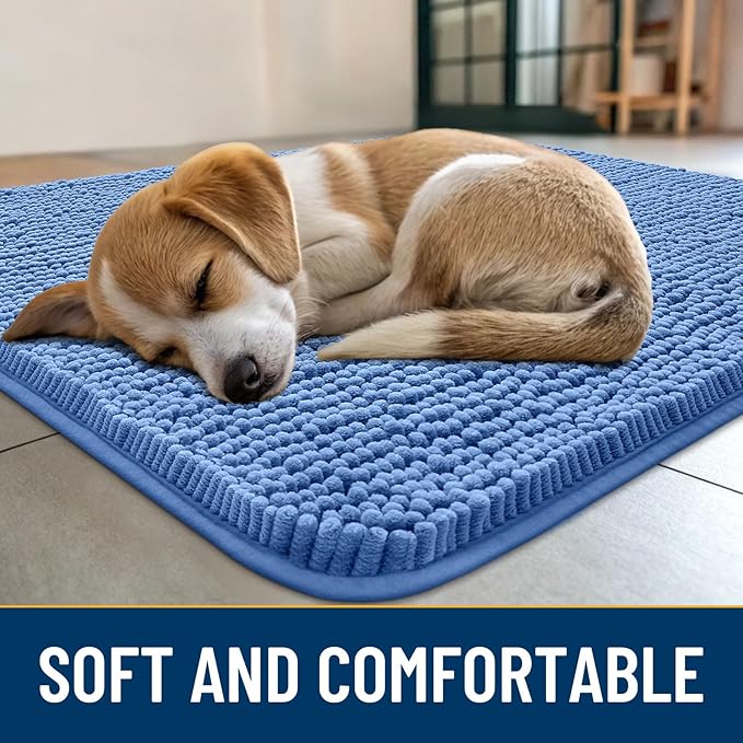 Smiry Dog Door Mat for Muddy Paws 48x30, Absorbs Moisture and Dirt Doormat, Non-Slip Washable Quick Dry Chenille Front Door Mat Indoor Entrance, Entryway Carpet for Inside Floor, Cornflower Blue