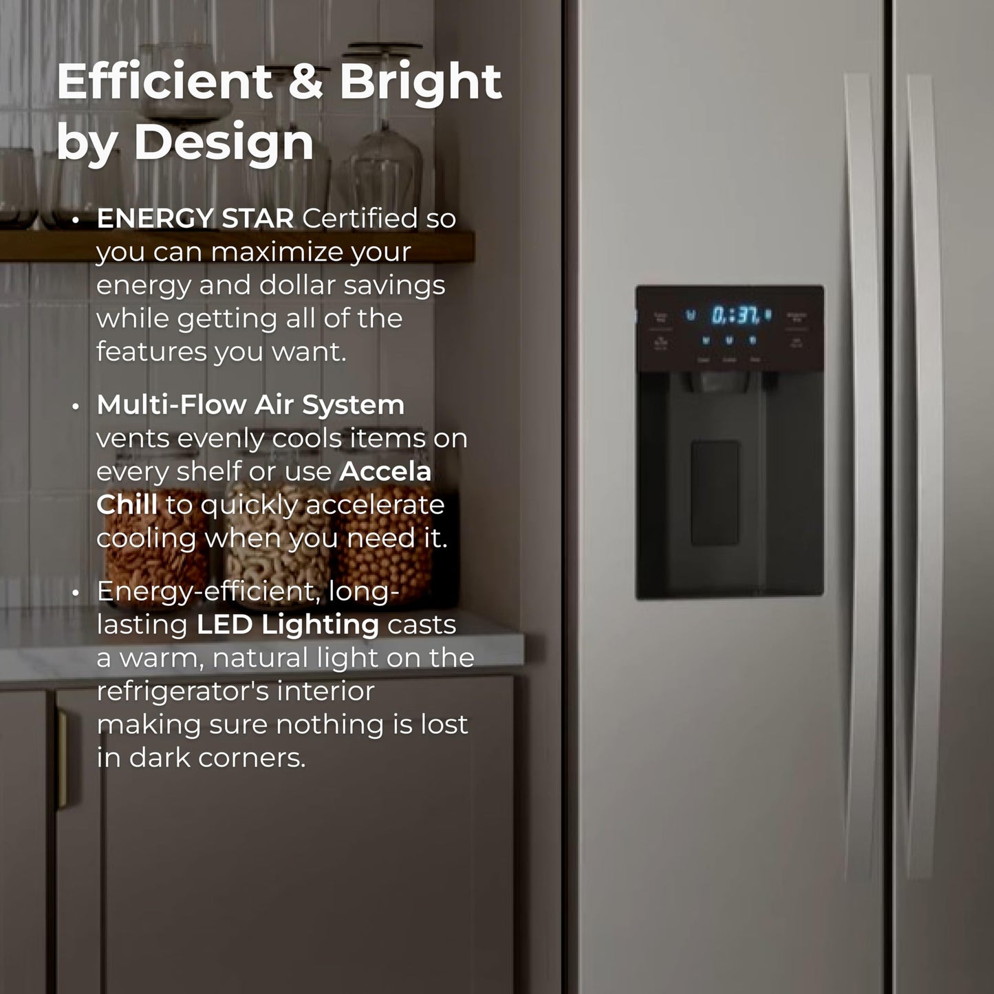 Kenmore 36" Side-by-Side Refrigerator with Freezer - Accela Chill, Water & Ice Dispenser, Adjustable Glass Shelves, ENERGY STAR Certified, 20 cu. ft. Capacity - Fingerprint Resistant Stainless Steel
