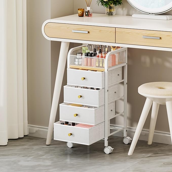 SWTYMIKI Rolling Makeup Organizer Cart - Under Desk Vanity Makeup Storage with 4 Non-woven Drawers, Nail Cart Organizer Cosmetic Display Cases Cabinet for Skin Care Perfume Nail Polish Brush Hair Tool