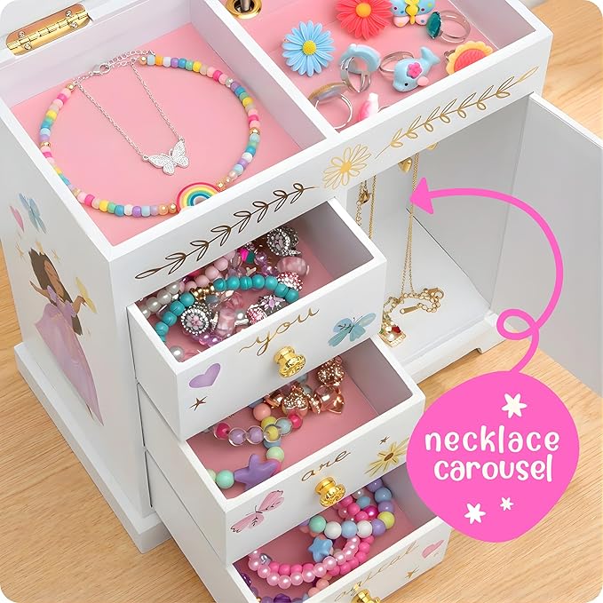 Giggle & Honey® Princess Musical Jewelry Box for Girls Kids Music Box with Drawers, Fairytale Gifts for Girls Birthday, Princess Jewelry Boxes for Ages 3-10