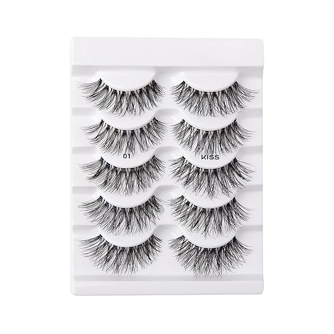 Kiss Looks So Natural, So Wispy False Eyelashes, 5 Pairs, 14mm, Reusable Thin Band Strip Lashes for Bouncy Volume & Curl, Lightweight, Easy-to-Apply Crisscross Pattern for Seamless Natural Look