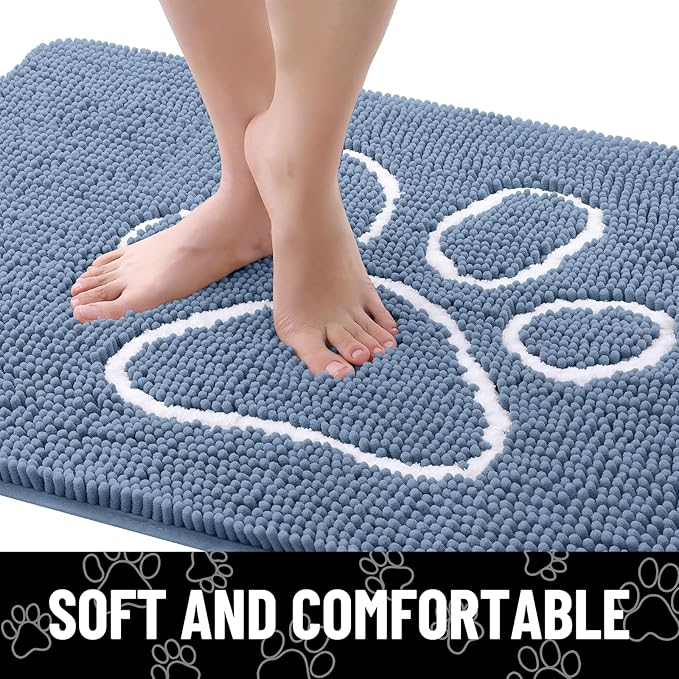Smiry Dog Door Mat for Muddy Paws, Absorbent Dirt Trapper Non Slip Quick Dry Washable Chenille Mat for Mud Dogs, Entry Rug for Indoor and Outdoor (24x16 Inches, Airy Blue and White)