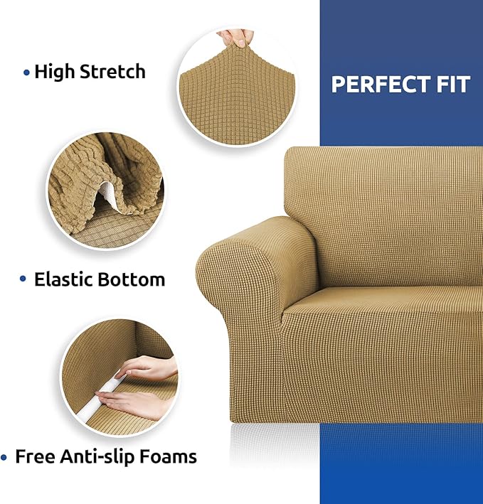KEKUOU Stretch Oversized Sofa Slipcover 1 Piece Couch Sofa Cover (94"-110") Furniture Protector 4 Seater Sofa with Elastic Bottom for Kids,Pet.Jacquard Checked Pattern Fabric(X Large,Tan)