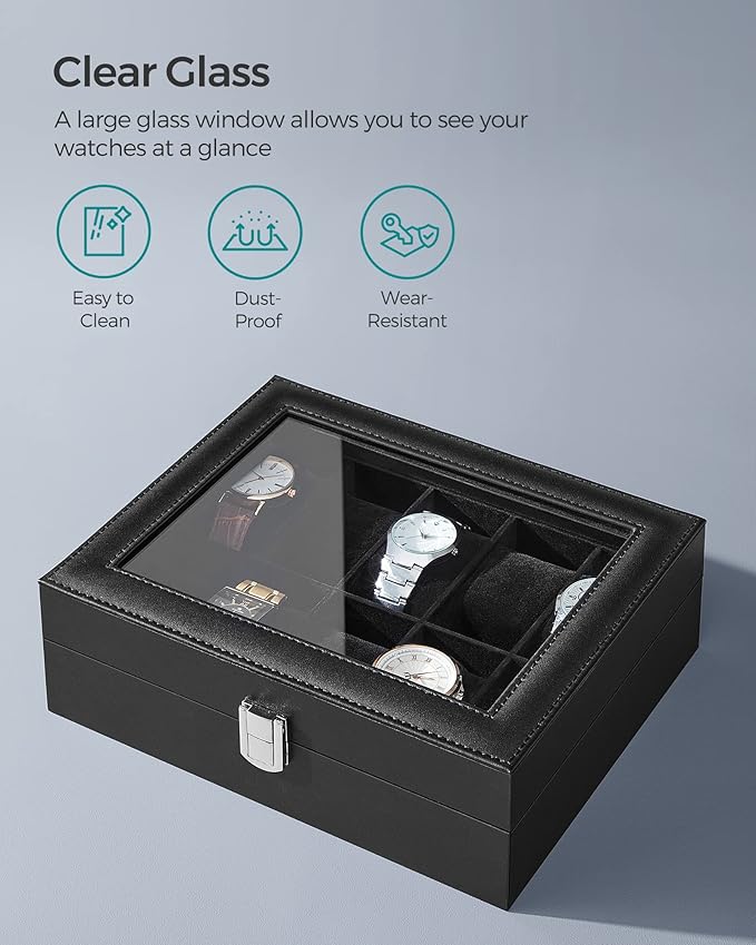 SONGMICS Watch Box, 10-Slot Watch Case Organizer with Large Glass Lid, Removable Pillows, Gift for Loved Ones, Black Synthetic Leather, Black Lining UJWB010B02