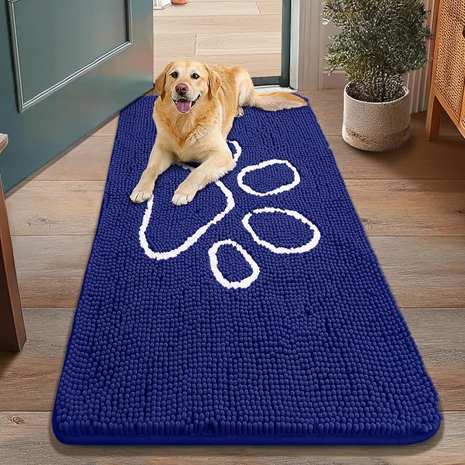 Smiry Dog Door Mat for Muddy Paws, Absorbent Dirt Trapper Non Slip Quick Dry Washable Chenille Mat for Mud Dogs, Entry Rug for Indoor and Outdoor (48x30 Inches, Navy Blue and White)
