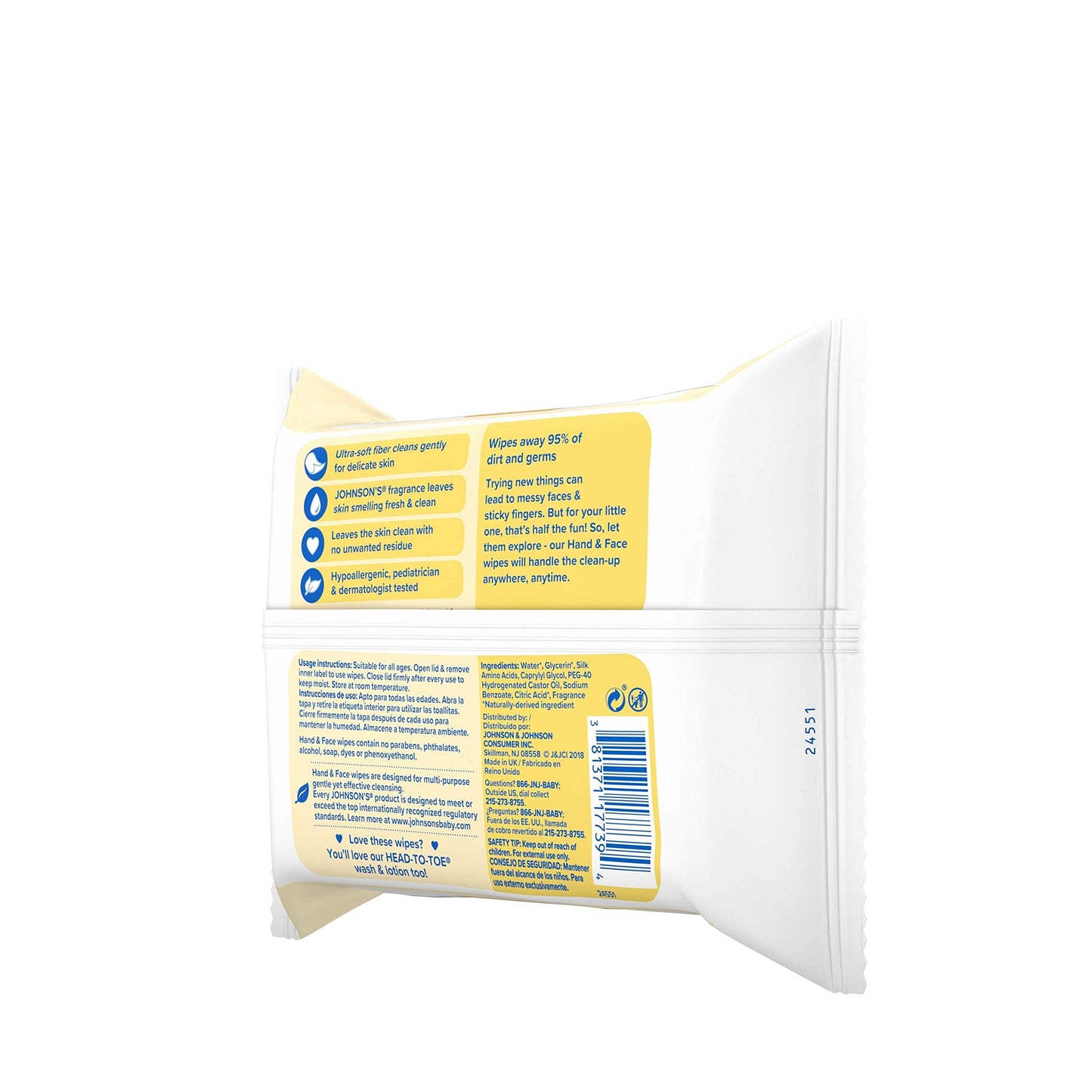 Johnson's Baby Hand & Face Baby Sanitizing Cleansing Wipes for Travel and On-The-Go, No More Tears Formula, Paraben and Alcohol Free, 25 ct, Case of 4