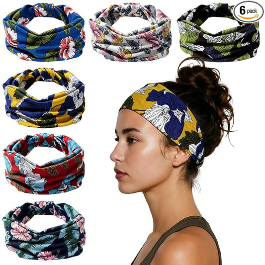 HSEM Headbands for Women 6-Pack – Boho Flower Wide Head Bands, Non-Slip Thick Hair Bands – Large Knotted Soft Stretchy Sweatbands for Workout, Washing Face, Makeup, Running, Spa & Yoga