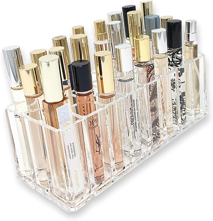 Acrylic Rollerball Perfume Organizer Beauty Scent Holder 24 Space Organization Refillable Container Tall Scented Oil Storage Display Case (2)