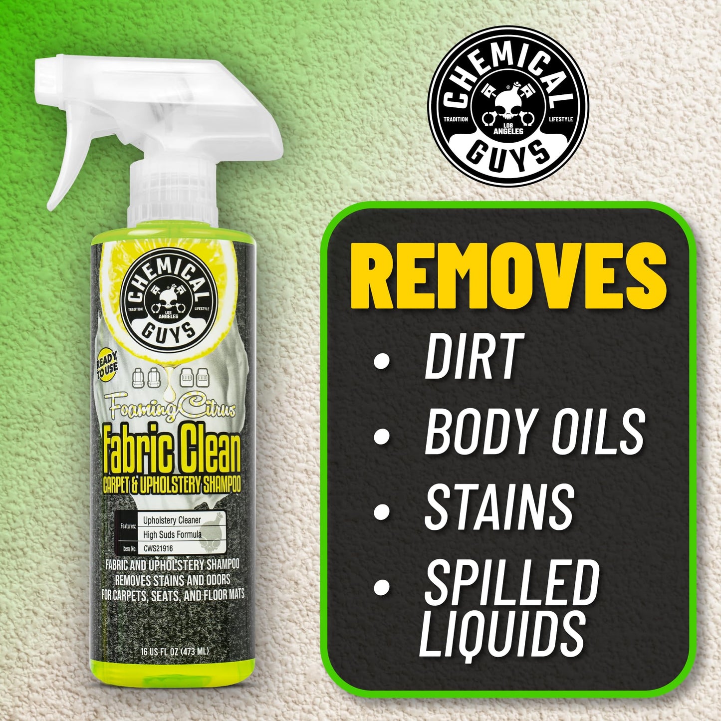 Chemical Guys Foaming Citrus Fabric Clean Carpet & Upholstery Cleaner, Ready To Use, Sprayable 16 fl oz, Citrus Scent + Total Interior Cleaner and Protectant, 16 fl oz