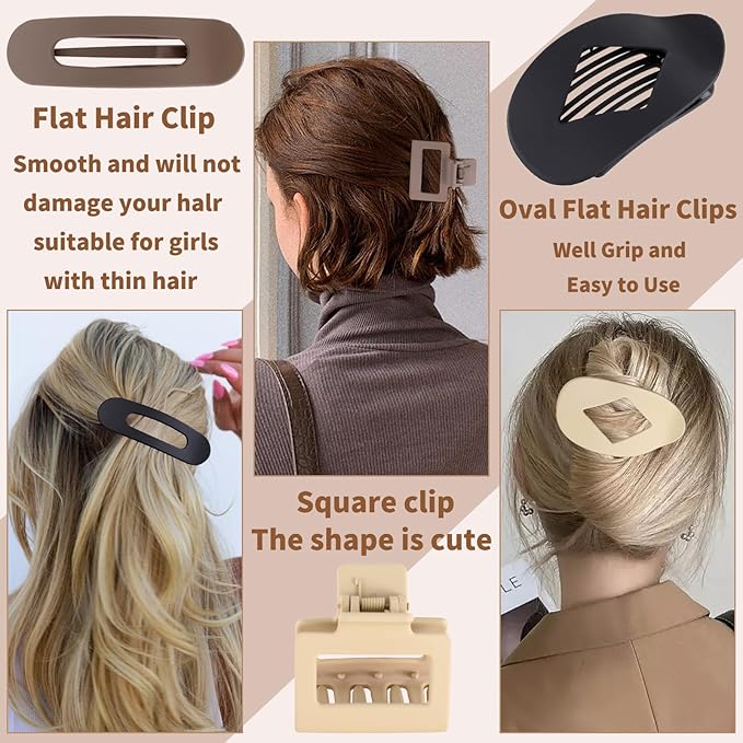 12 Pack Flat Hair Clips for Women-3 Styles Matte Neutral Flat Claw Clips, Black, Blonde,Light Brown & Dark Brown, French Duckbill Styling Accessories (Matte Neutral-2)