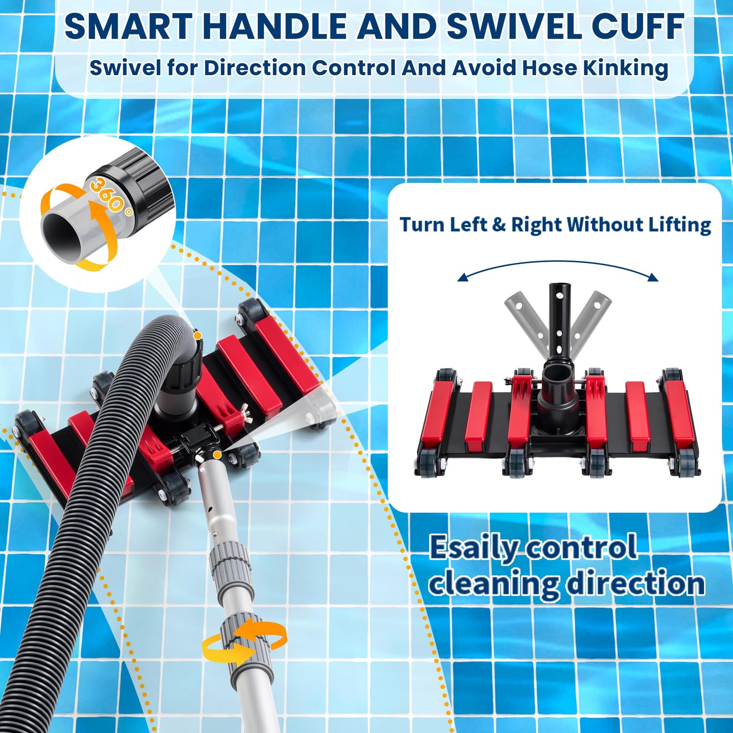 Sepetrel Professional Pool Vacuum Hose and Head – Heavy Duty Hoses with Swivel Cuff and Weighted Flexible Vacuum Head, for Ingraound & Above Ground Pools
