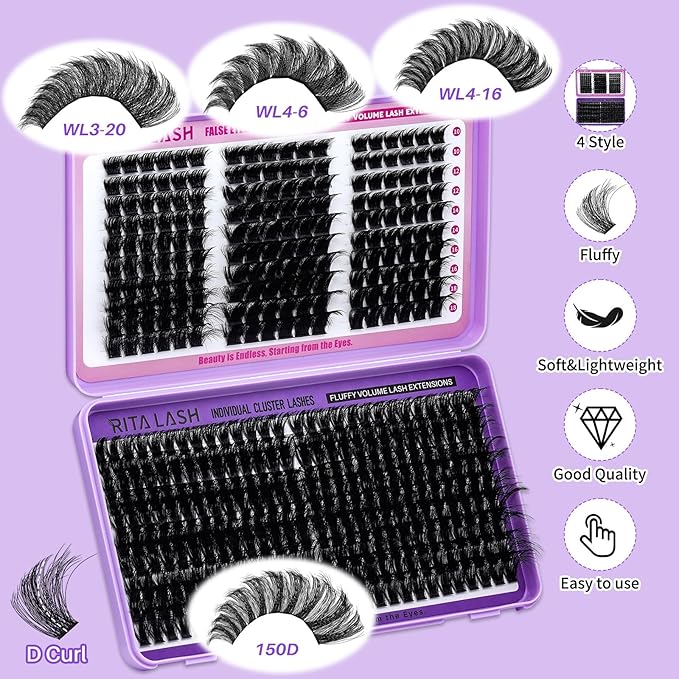 RITALASH Cluster Lashes 460PCS 4 Style Lash Clusters Eyelash Extensions False Eyelashes DIY Wispy Lash Extension Natural Look Individual Lashes(WL Style+150D lash only)