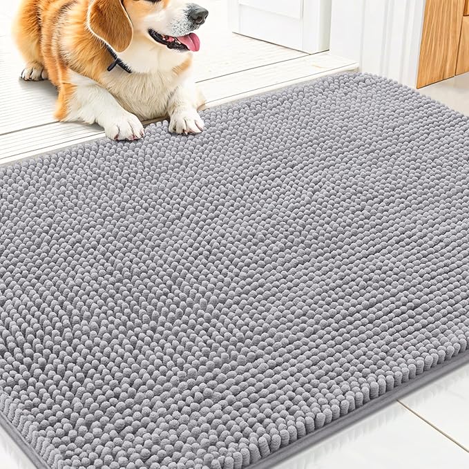 Smiry Dog Door Mat for Muddy Paws 30x20, Absorbs Moisture and Dirt Doormat, Non-Slip Washable Quick Dry Chenille Front Door Mat Indoor Entrance, Entryway Carpet for Inside Floor, Light Grey