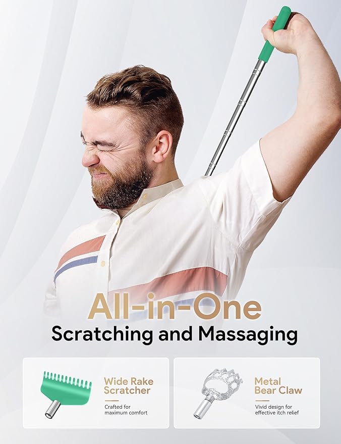 TUKUOS Telescoping Back Scratcher with 5 Detachable Scratching Heads, Valentines Day Gifts for Him Men, Anniversary Birthday Gifts for Men Women Back Scratcher for Men/Dad/Women/Adults - Cyan