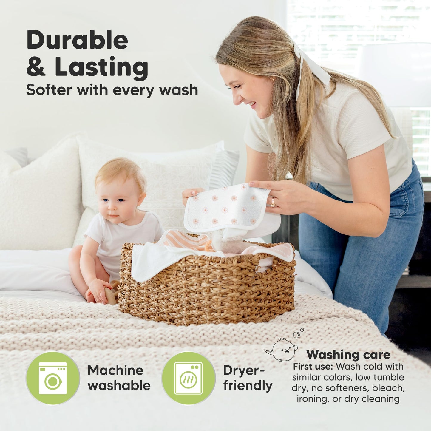 6-Pack Cotton Baby Washcloths for Newborn - Organic Cotton Muslin Soft Wash Cloths for Babies, Infant, Kids, Toddler Towels for Boy, Girl, Super Absorbent Face Cloths, Scratch-Free Baby Rags (Petals)