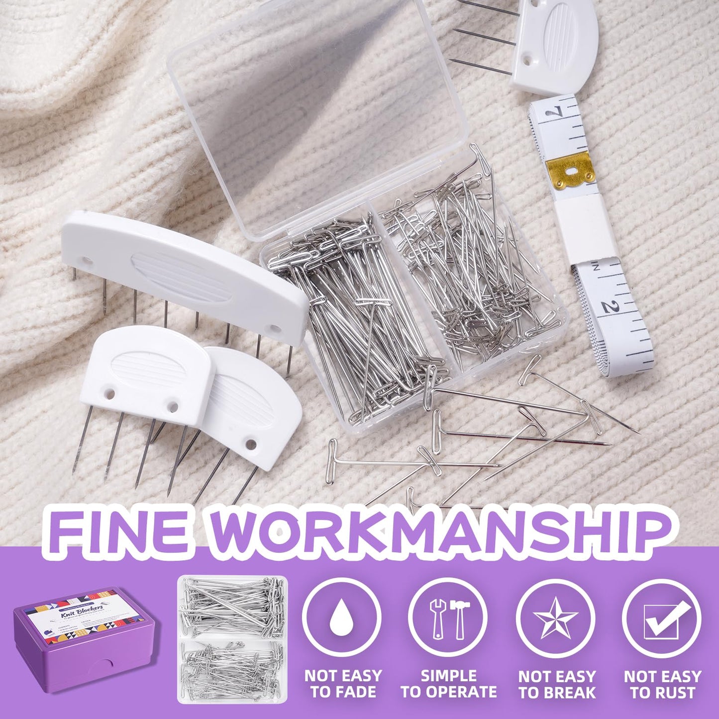 Opstin 130Pcs Knit Blocking Pins Kit for Knitting & Crochet Projects,20 Knit Blockers, Blocking Combs, Knitting Block Pins for Blocking Mats, Crochet Block Kit with 100 T-Pin and Storage Box