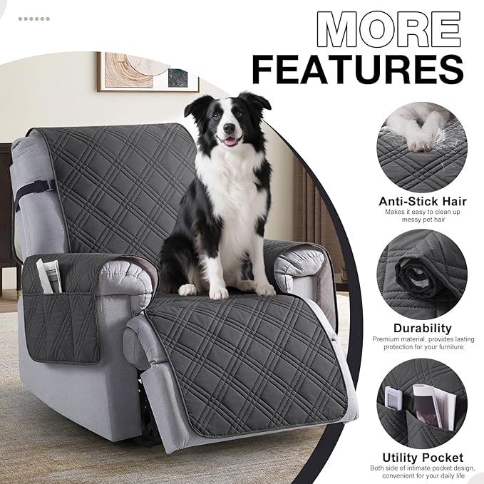 TAOCOCO 100% Waterproof Recliner Chair Covers, Non Slip Recliner Covers for Recliner Chair with Pocket, Washable Reclining Chair Cover Furniture Protector for Kids,Dogs(22'', Charcoal Gray)