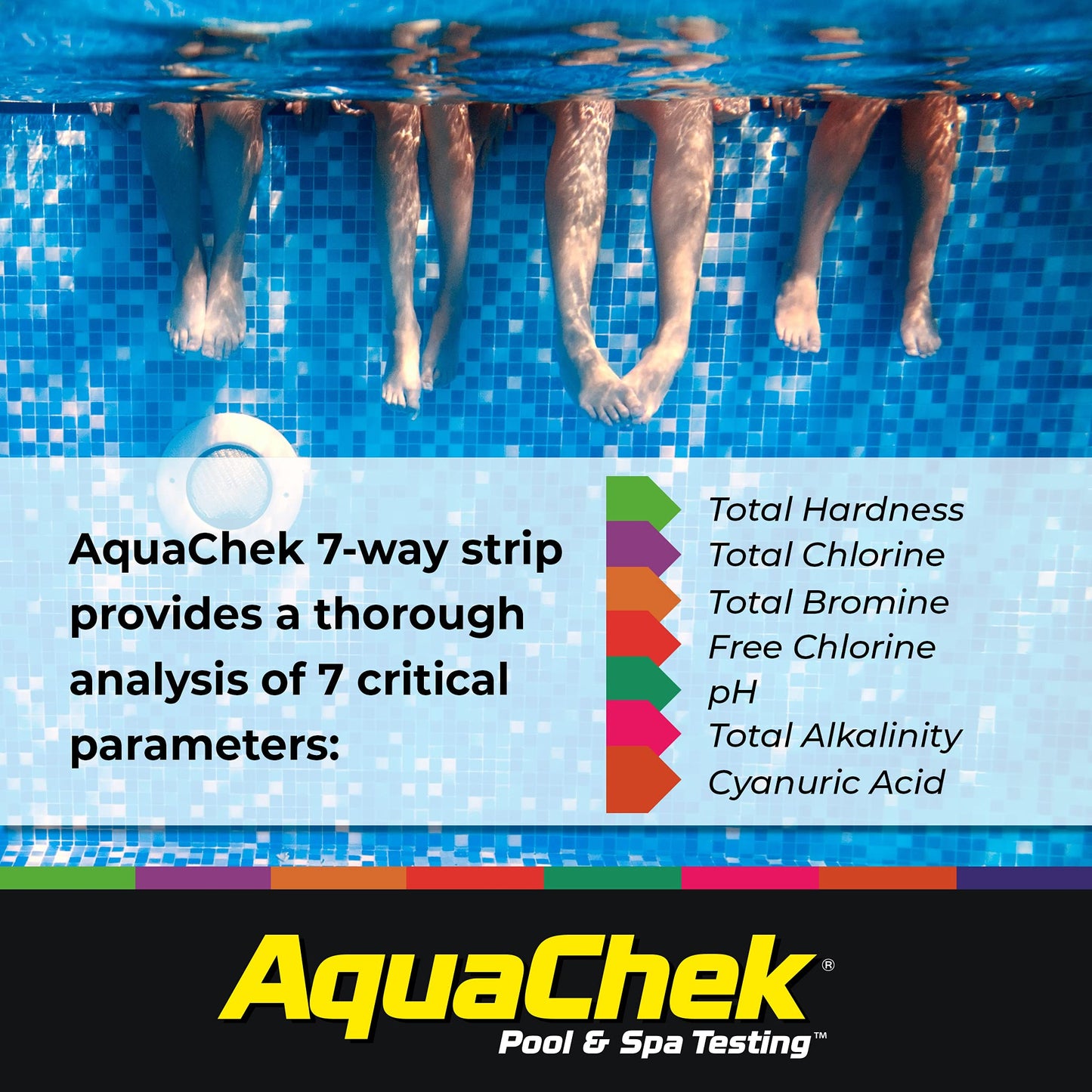 AquaChek 7-Way Pool and Spa Test Strips - Silver Pool Test Strips For pH, Total Chlorine, Free Chlorine, Bromine, Alkalinity, Total Hardness, and Cyanuric Acid - Water Quality Testing Kit (100 Strips)