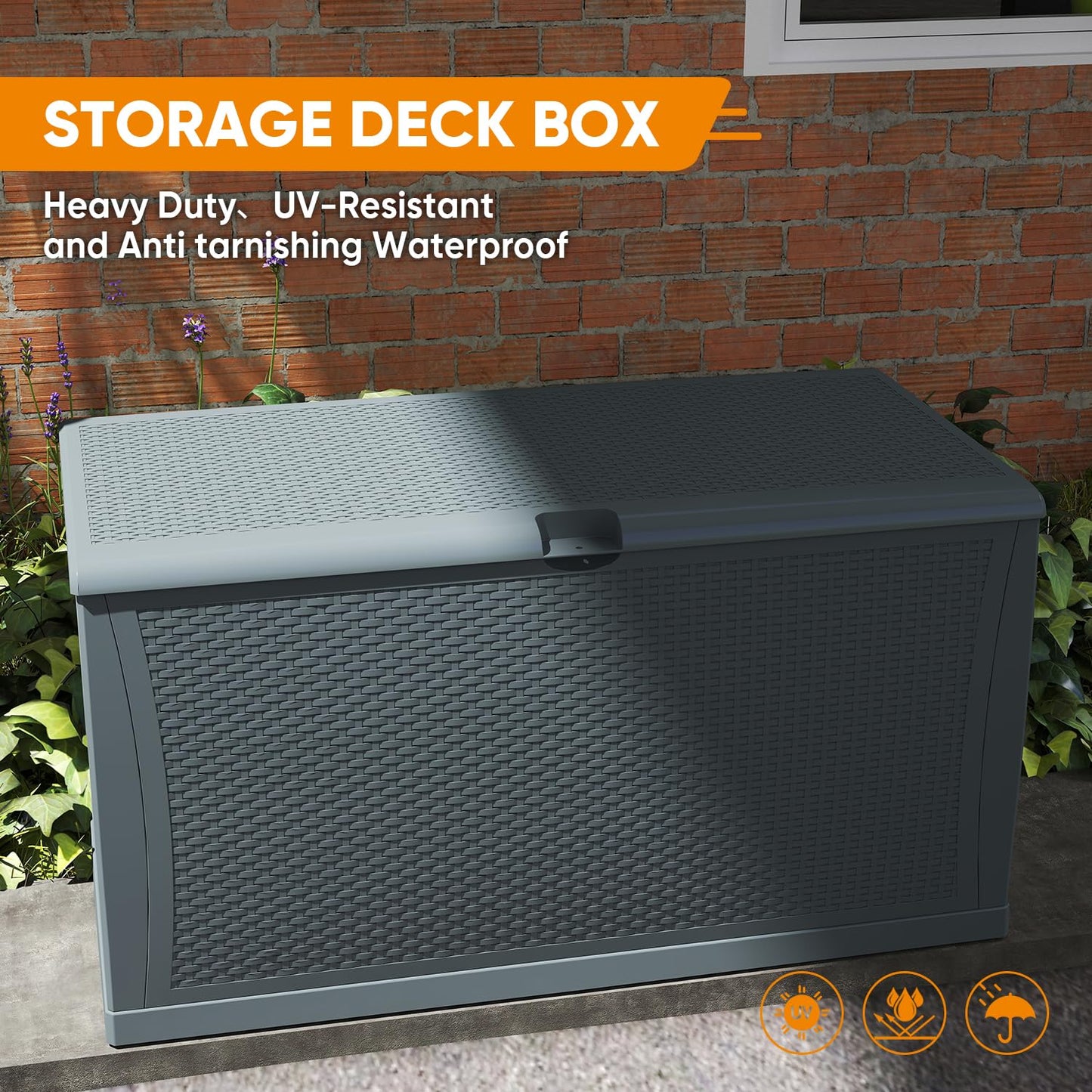ZYJOYY 100 Gallon Resin Deck Box Waterproof Outdoor Storage Box and Patio Furniture Side Table for Pool Accessories, Gardening Tools, Outdoor Indoor Cushions, Lockable, UV Resistant
